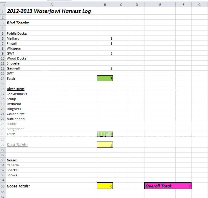 Excel Hunting Log : Puddler Duck Hunting